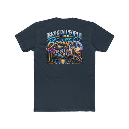 Broken People Build Beautiful Things Tee — Inspirational Moon & Mountain Graphic T-Shirt