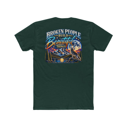 Broken People Build Beautiful Things Tee — Inspirational Moon & Mountain Graphic T-Shirt