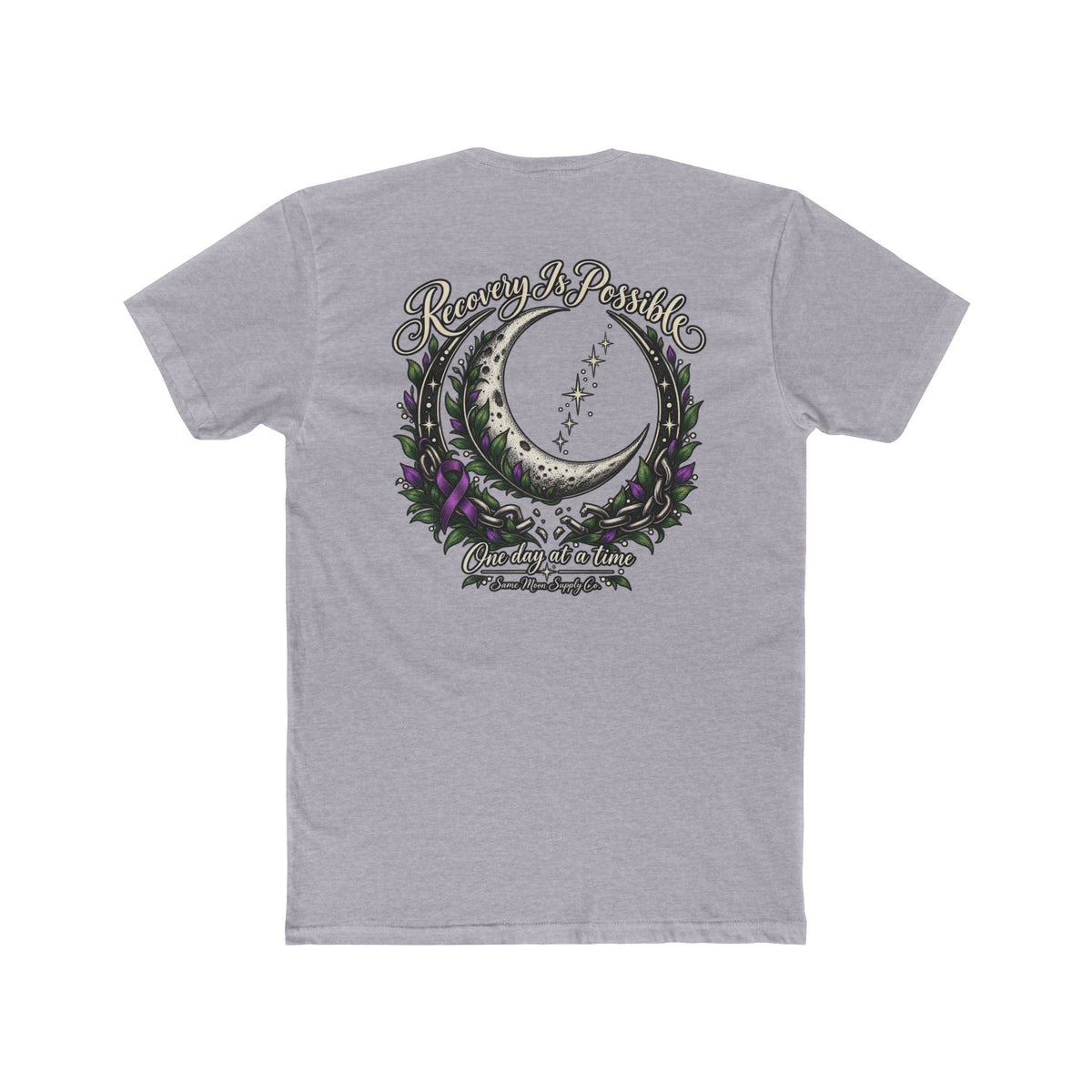 Heather grey Recovery Is Possible T-shirt with crescent-moon, purple ribbon, and broken-chain artwork.