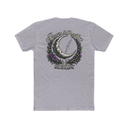 Heather grey Recovery Is Possible T-shirt with crescent-moon, purple ribbon, and broken-chain artwork.